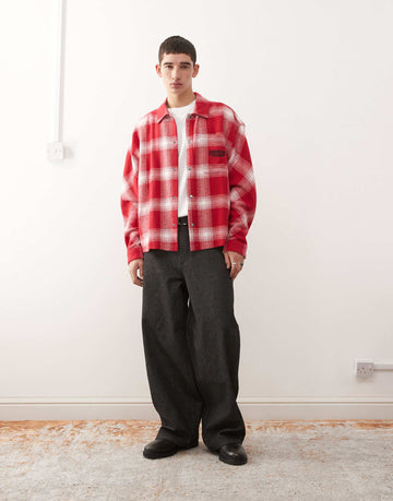 Reclaimed Vintage x Stranger Things brushed flannel shirt boucle badges red white