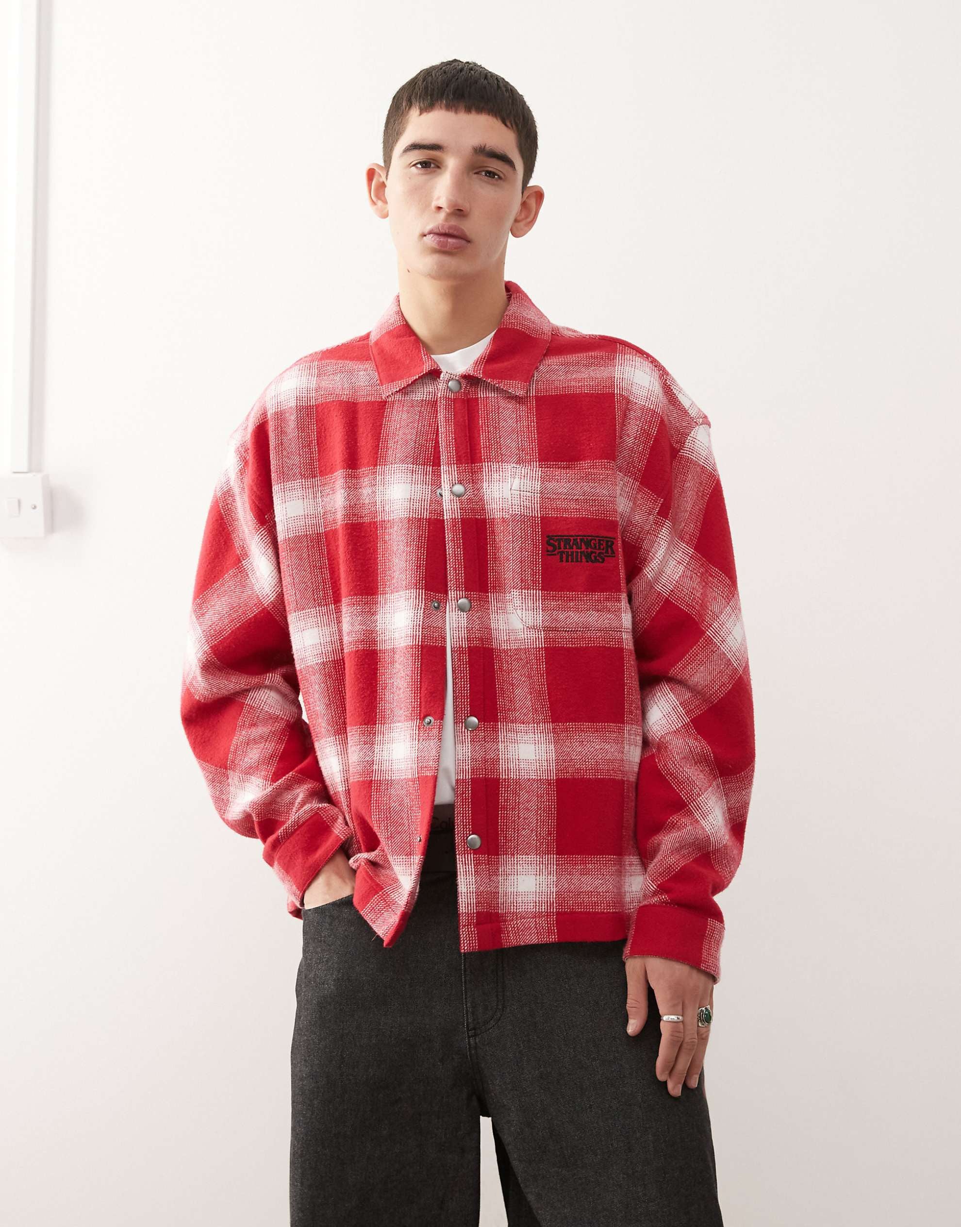 Reclaimed Vintage x Stranger Things brushed flannel shirt boucle badges red white