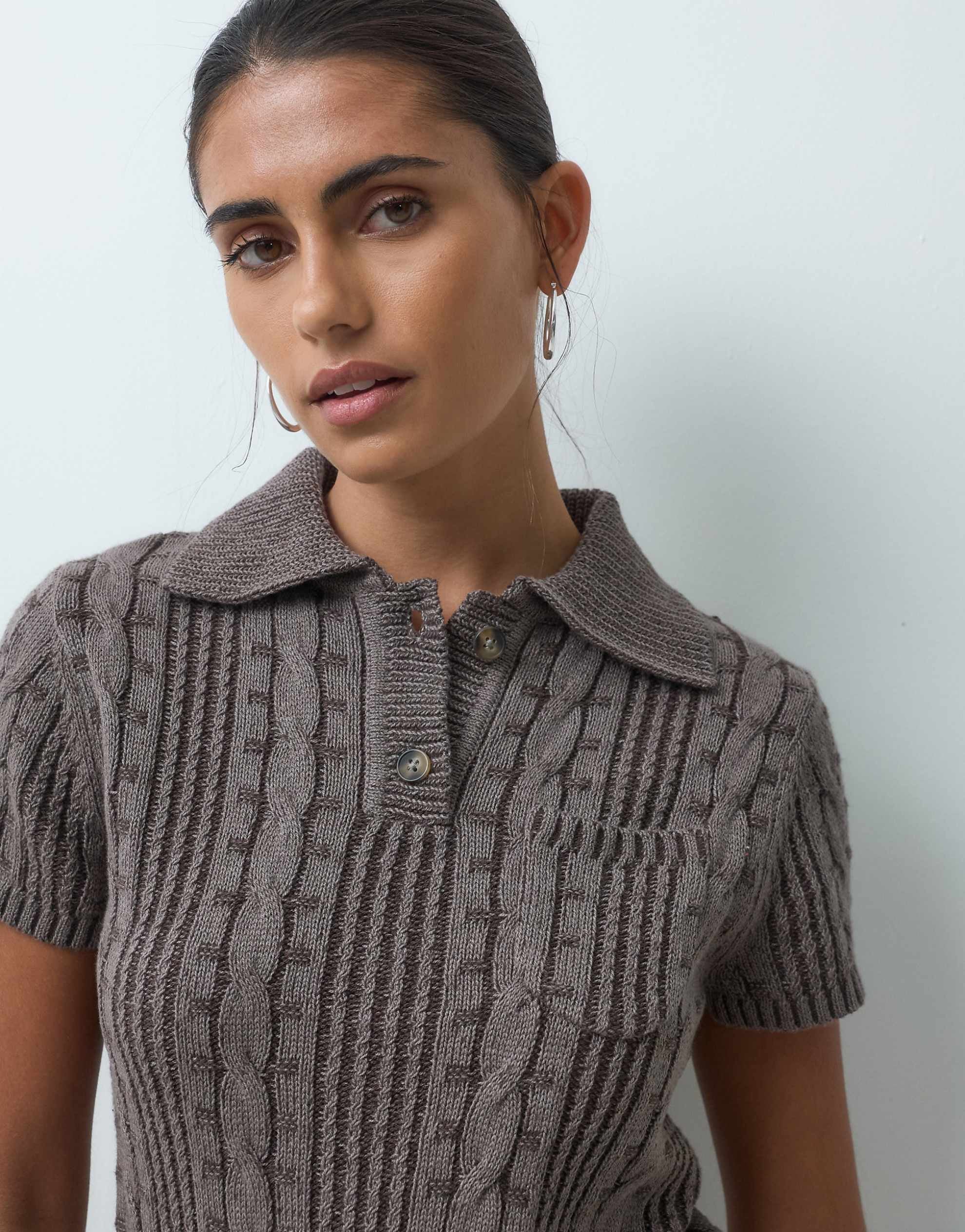 COLLUSION cable knit polo plated grey