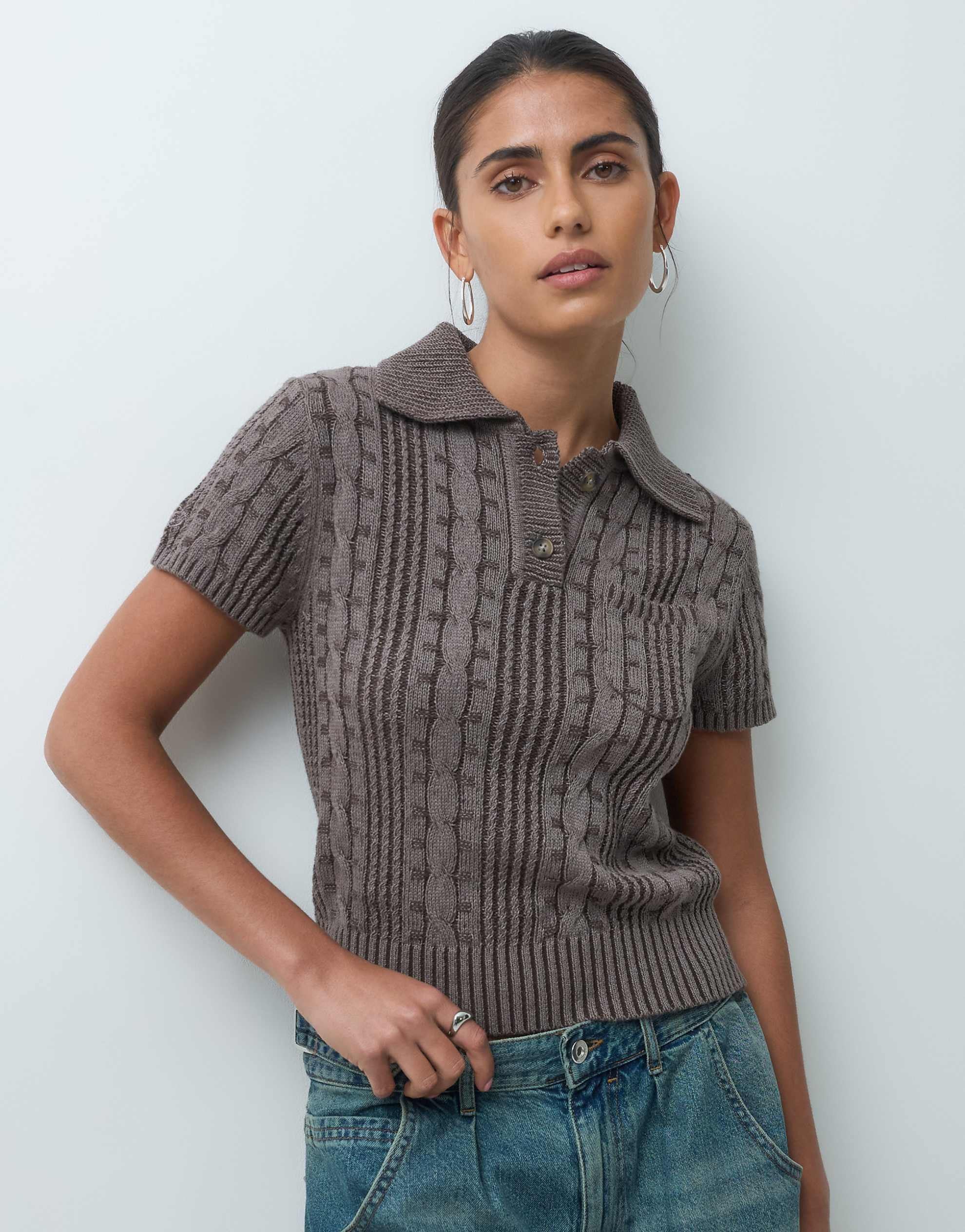 COLLUSION cable knit polo plated grey