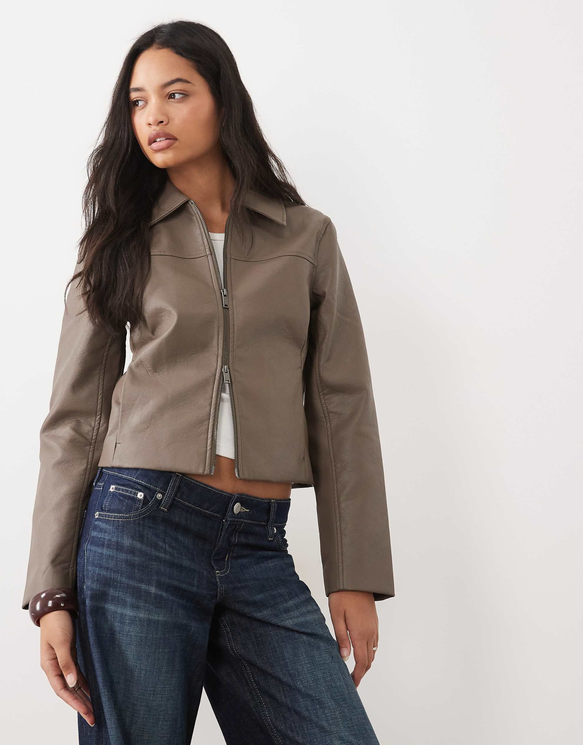 Abercrombie & Fitch fitted 90s faux leather jacket brown
