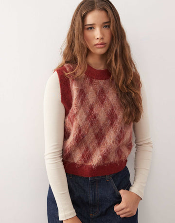 Reclaimed Vintage brushed knitted tank burgundy argyle print