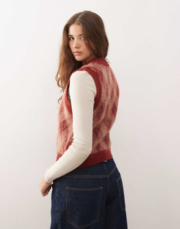 Reclaimed Vintage brushed knitted tank burgundy argyle print