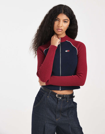 Tommy Jeans colourblock sip through rib cardigan burgundy navy