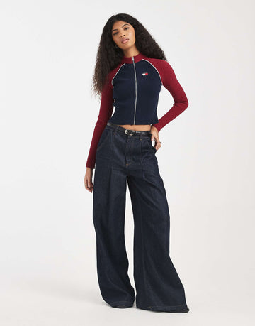 Tommy Jeans colourblock sip through rib cardigan burgundy navy