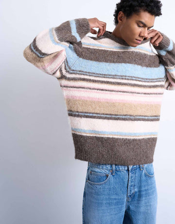 Topman relaxed fit fluffy stripe knitted jumper brown