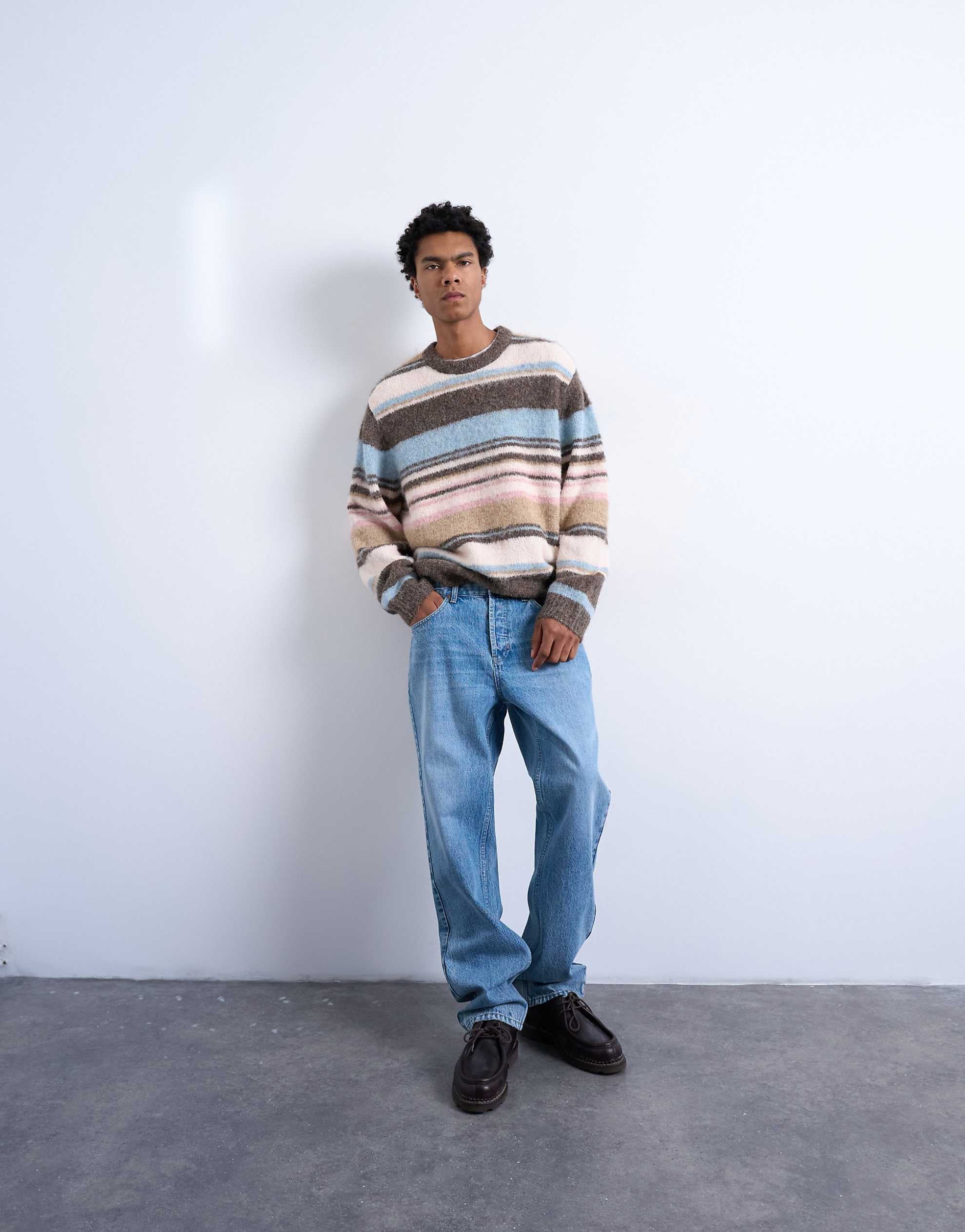 Topman relaxed fit fluffy stripe knitted jumper brown