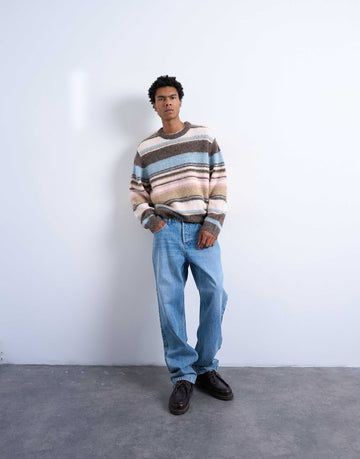 Topman relaxed fit fluffy stripe knitted jumper brown