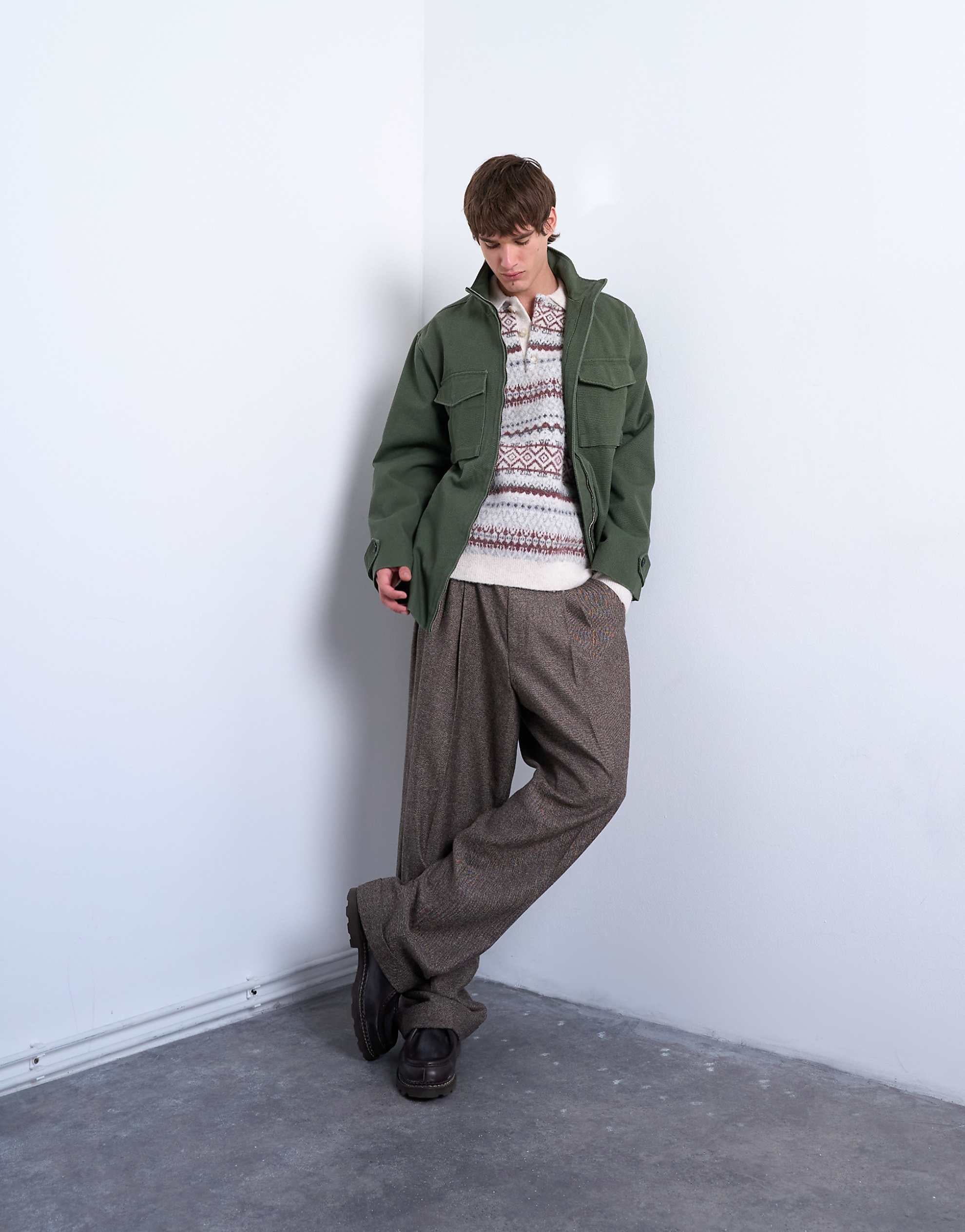 Topman regular fit fairisle stripe knitted polo ecru