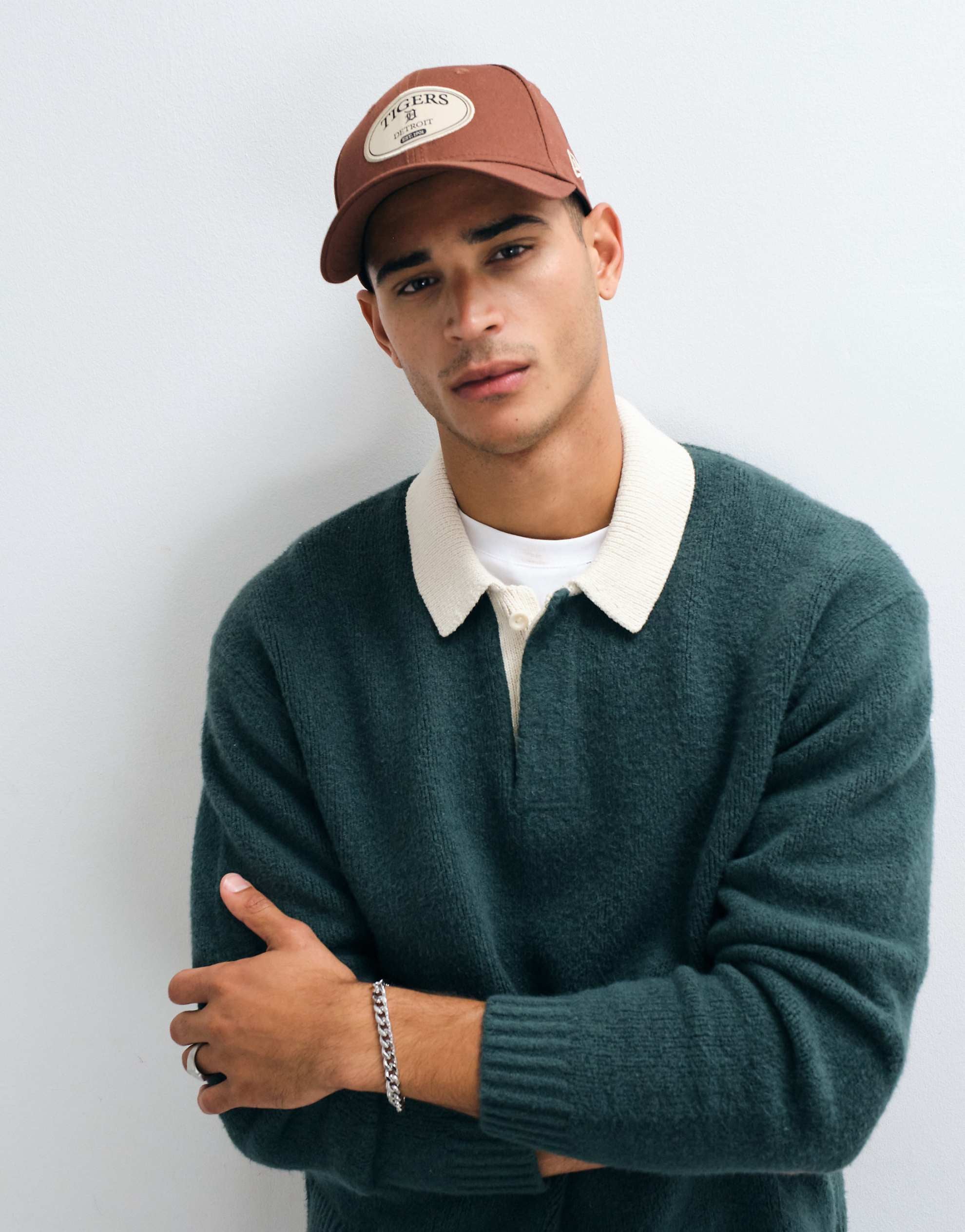 Abercrombie & Fitch knitted long sleeve button up polo jumper contrast collar dark green