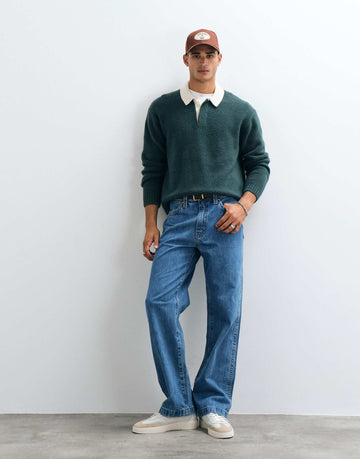 Abercrombie & Fitch knitted long sleeve button up polo jumper contrast collar dark green