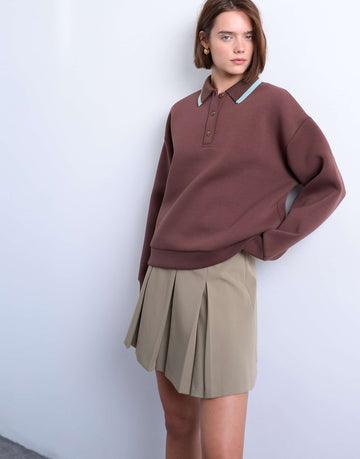 Scuba-style fabric knit collar piped polo sweat chocolate brown