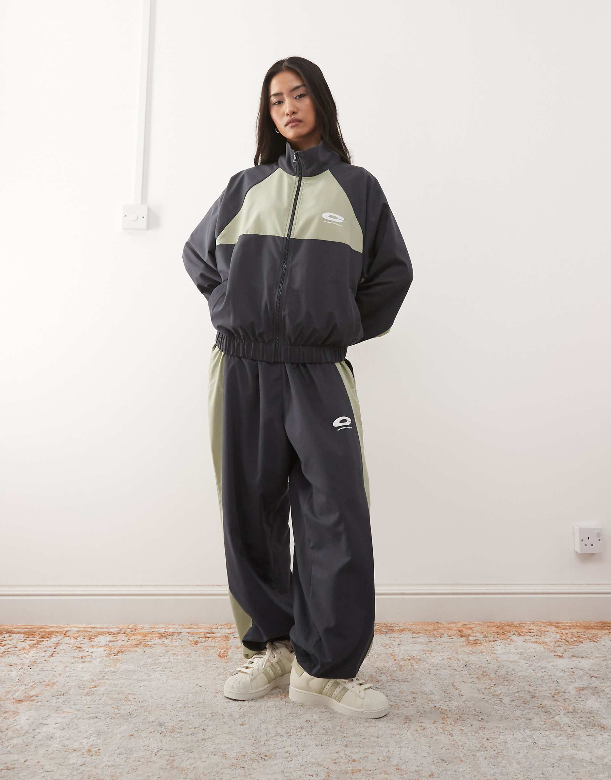 COLLUSION nylon sports co-ord black khaki