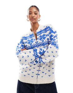 DESIGN knitted collar zip pattern cream blue