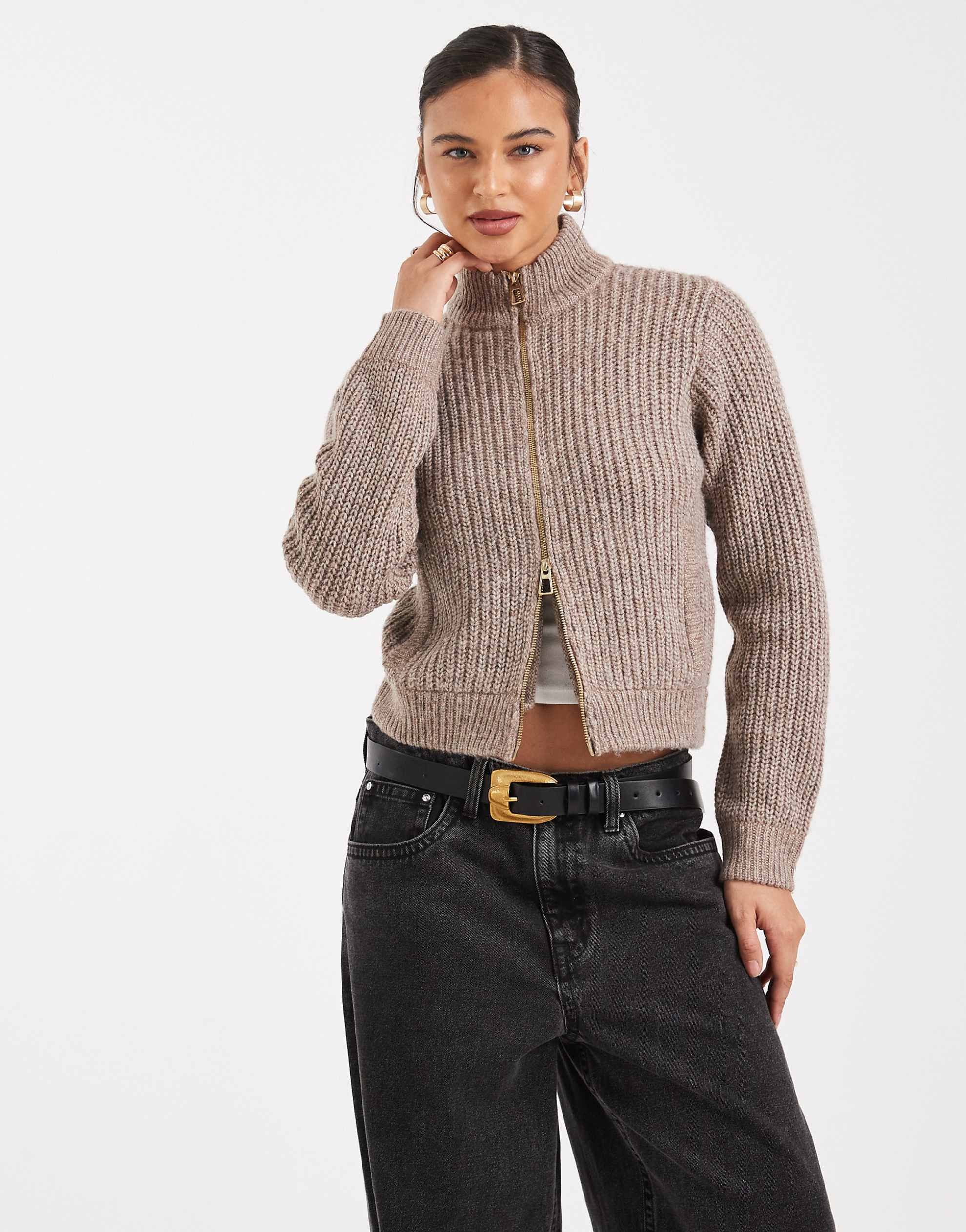 Threadbare double ended zip through bomber cardigan biscuit