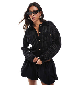 Morgan knit gold button cardigan black dogtooth