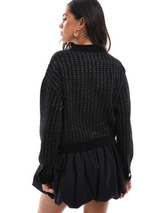 Morgan knit gold button cardigan black dogtooth