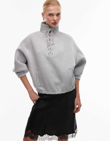 DESIGN funnel neck sweatshirt lace detail grey marl