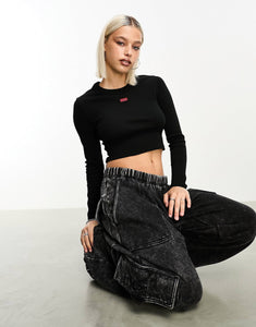 HUGO Dafilomena logo crop long sleeve top black