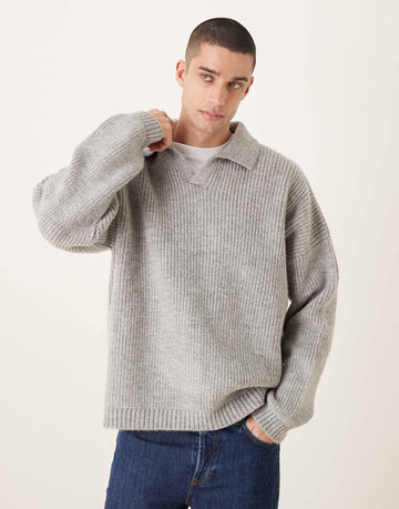 DESIGN super oversized boxy fit knitted fisherman rib notch neck jumper grey