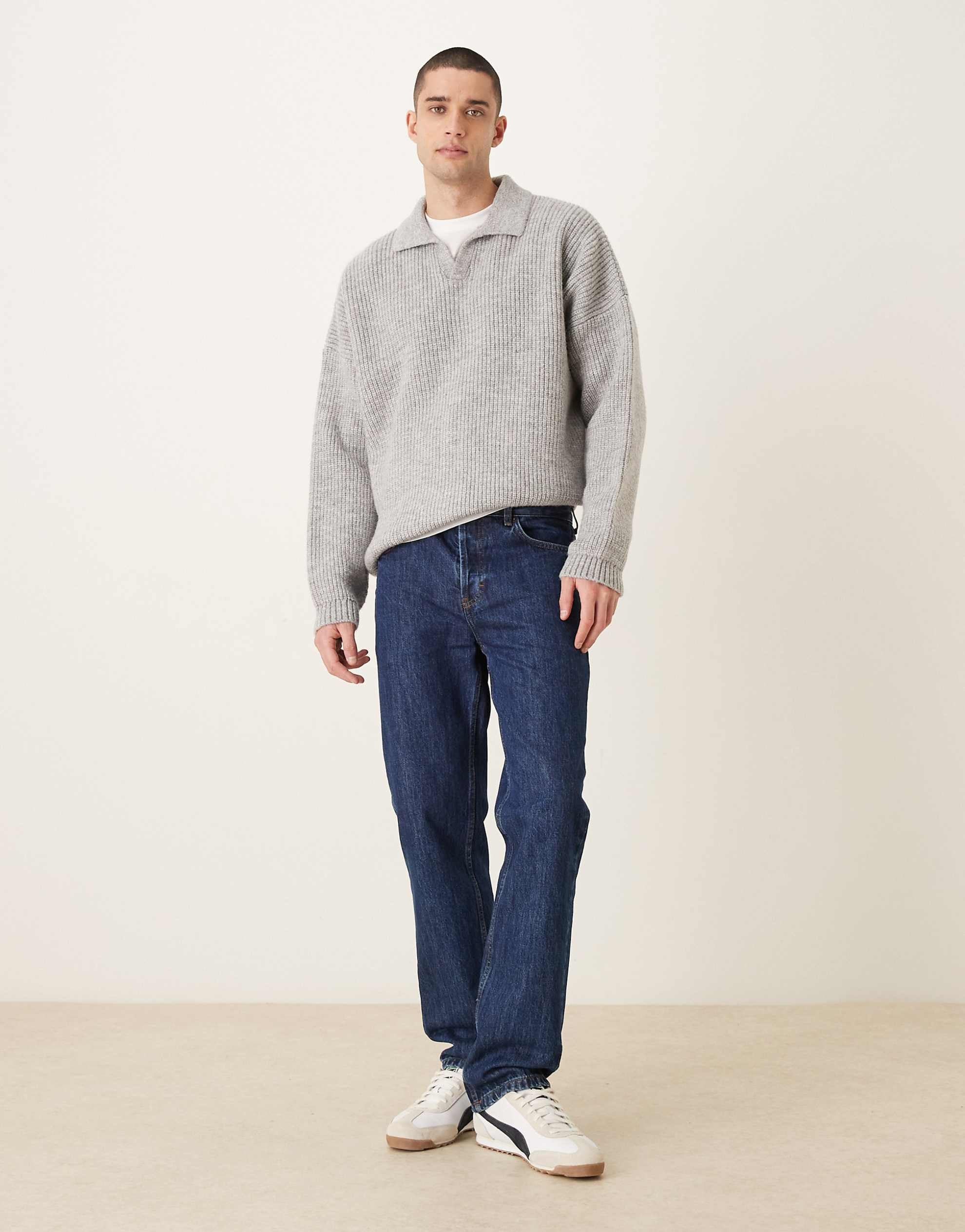 DESIGN super oversized boxy fit knitted fisherman rib notch neck jumper grey