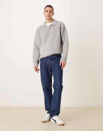 DESIGN super oversized boxy fit knitted fisherman rib notch neck jumper grey