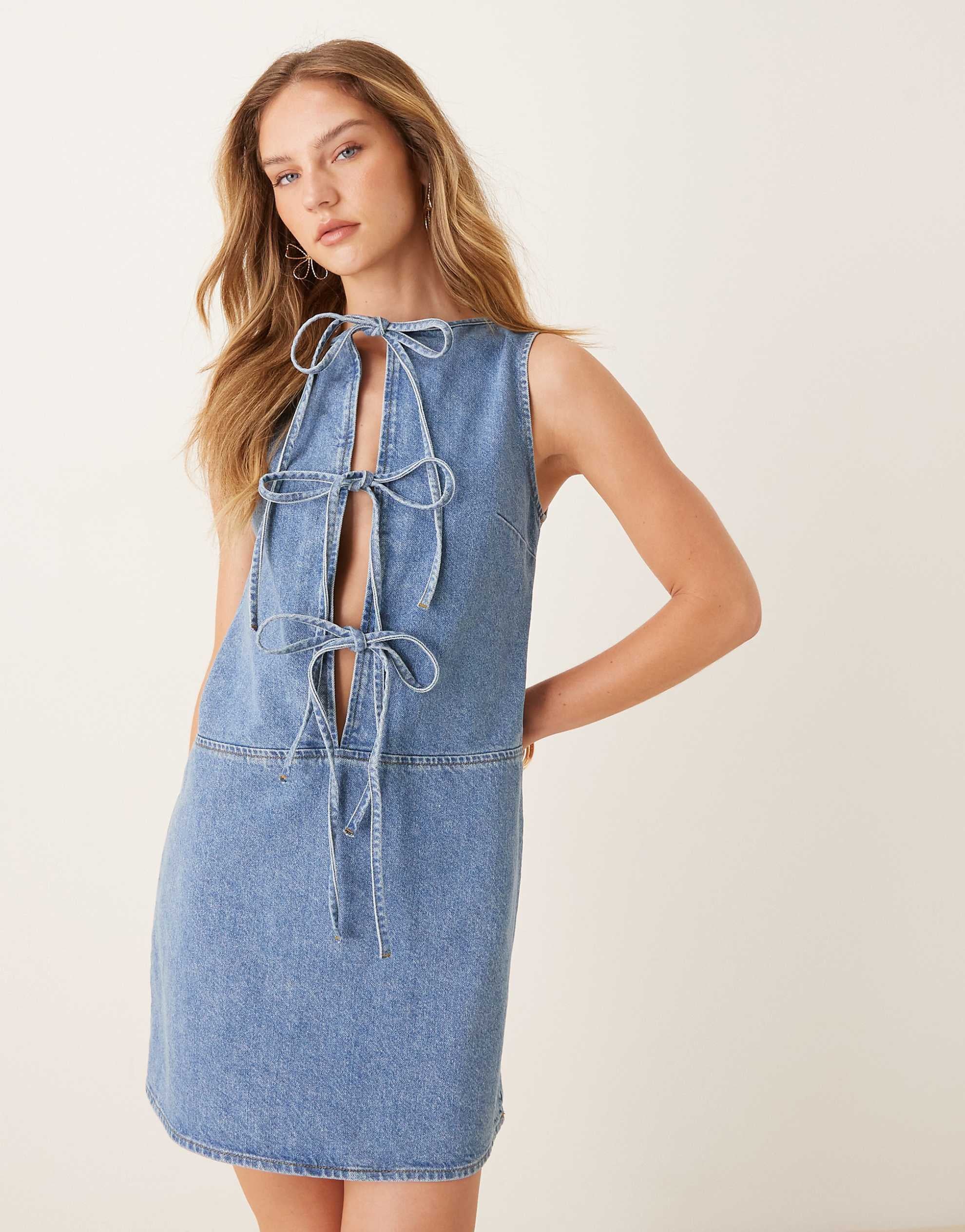 DESIGN denim tie front shift dress mid blue