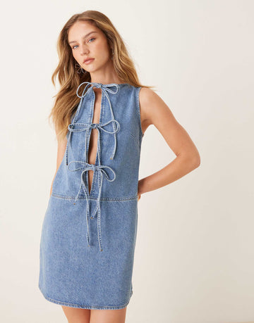 DESIGN denim tie front shift dress mid blue