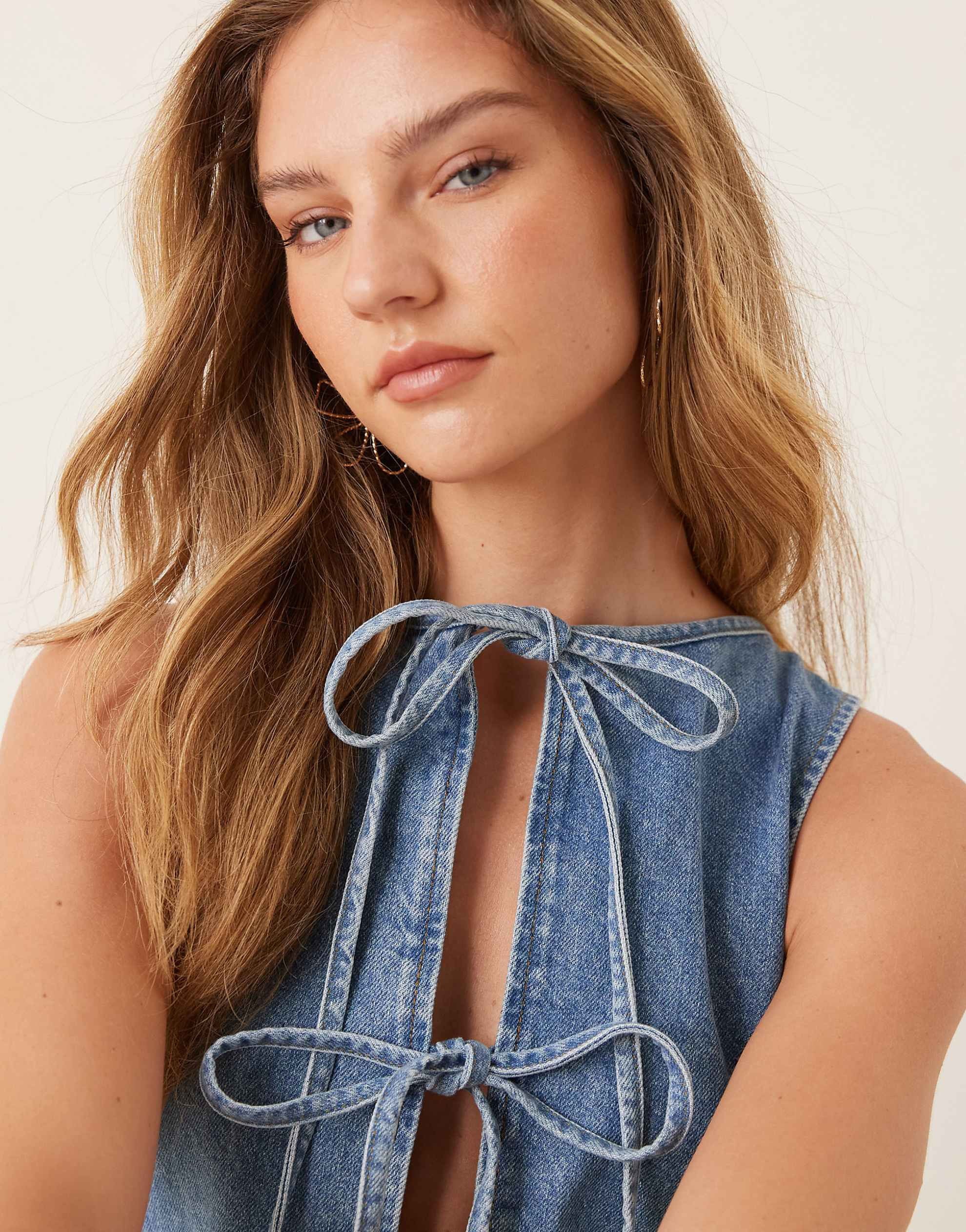 DESIGN denim tie front shift dress mid blue