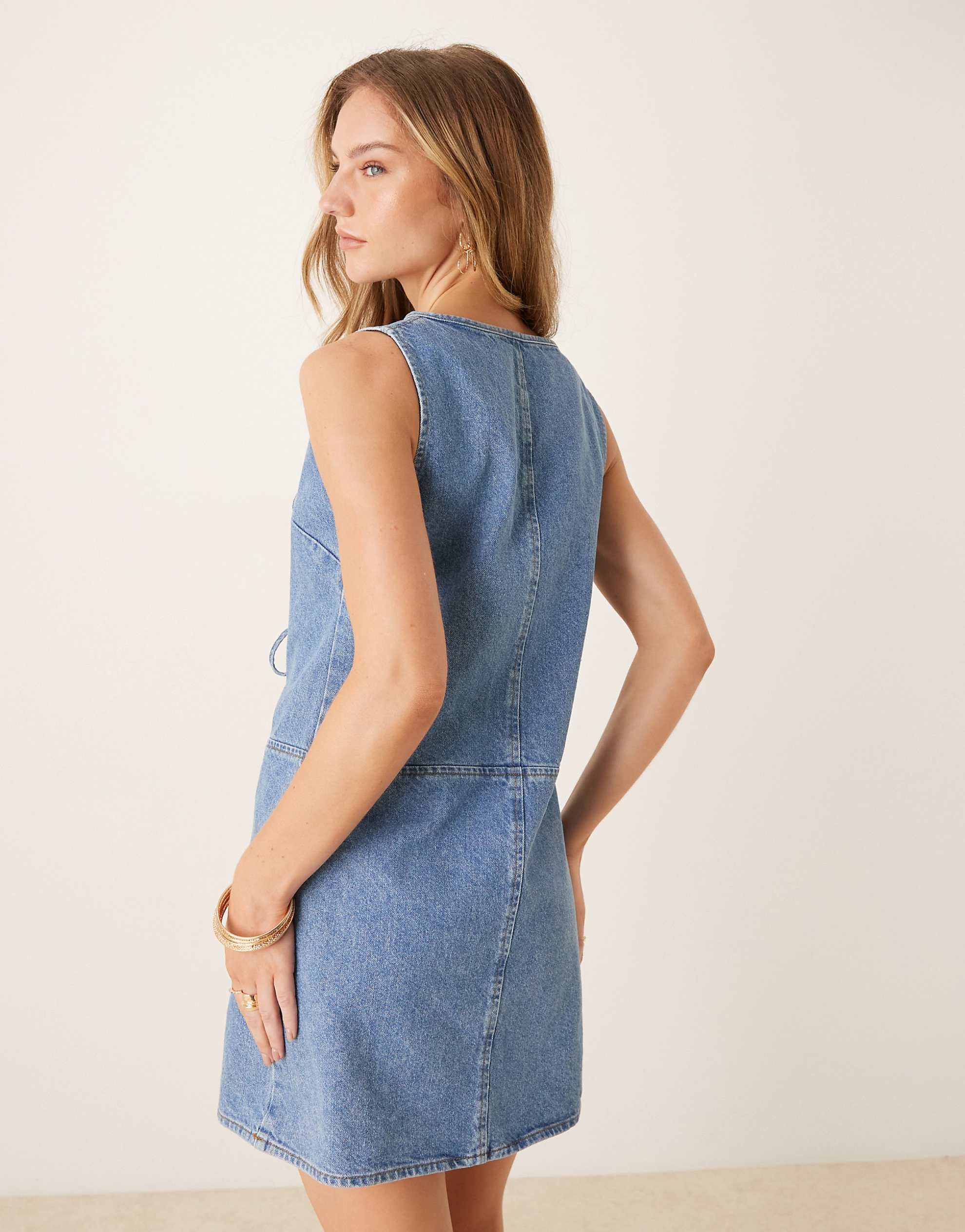 DESIGN denim tie front shift dress mid blue