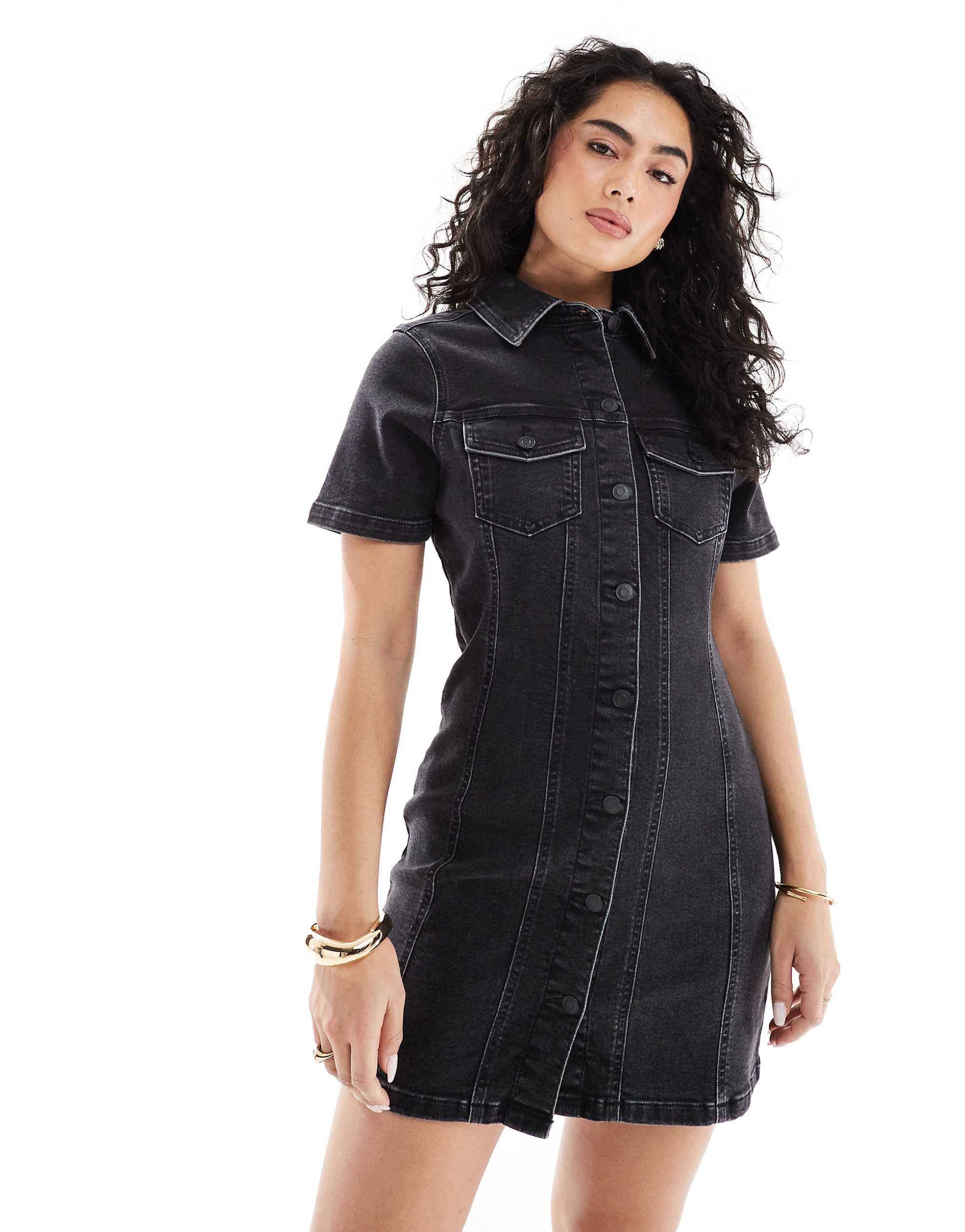 DESIGN denim fitted shirt mini dress wash black