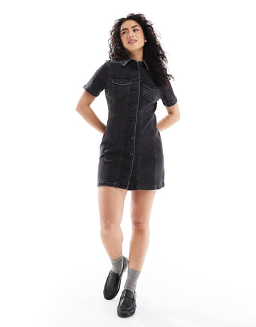 DESIGN denim fitted shirt mini dress wash black