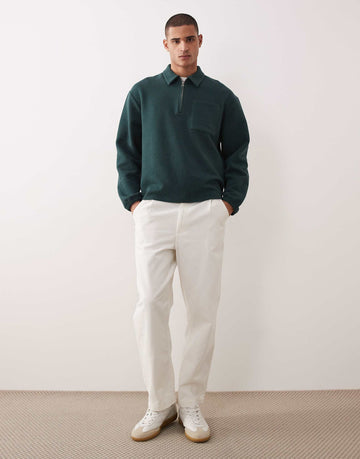 DESIGN oversized half zip polo sweatshirt dark green bubble texture