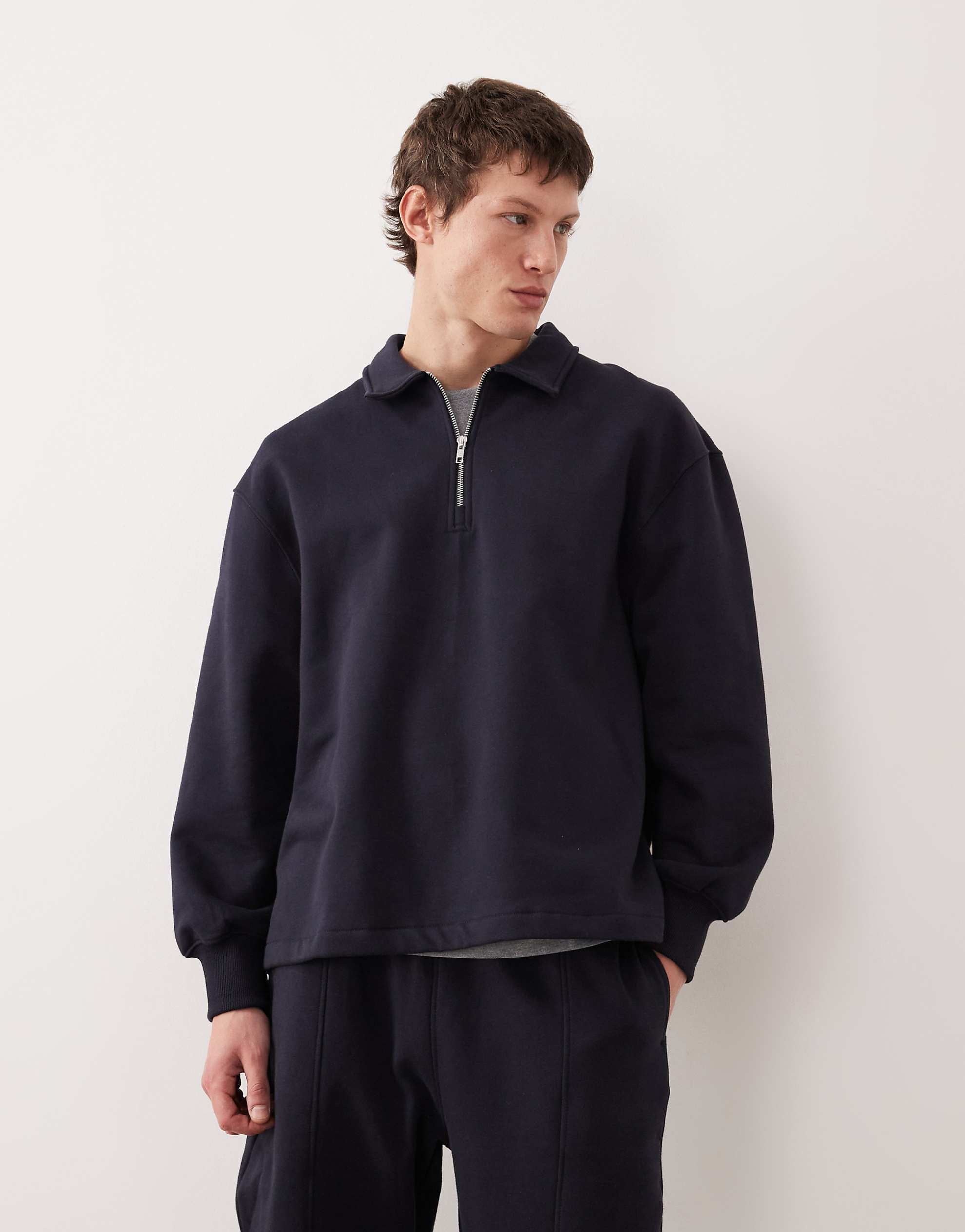 DESIGN oversized heavyweight collared sweatshirt zip navy