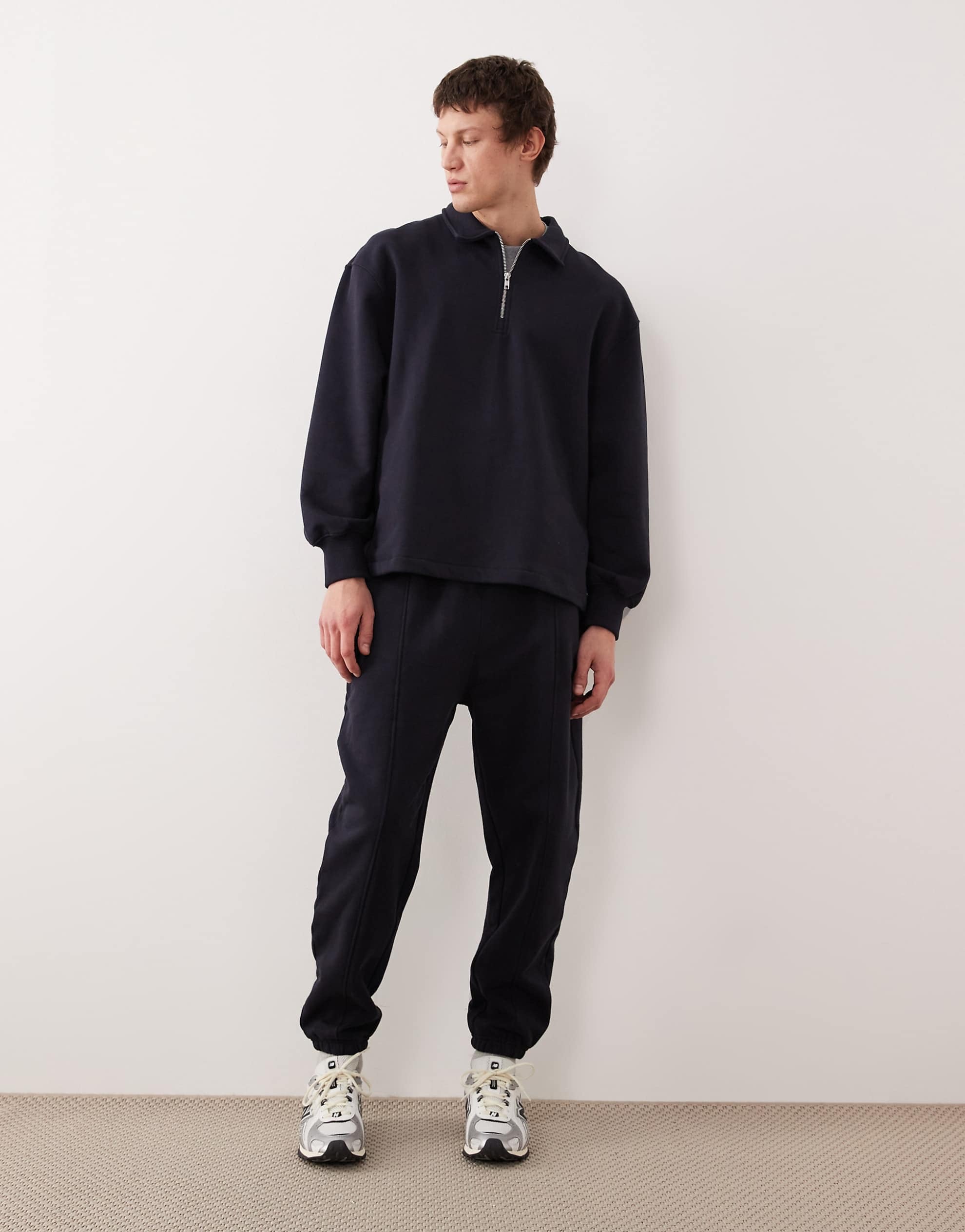 DESIGN oversized heavyweight collared sweatshirt zip navy