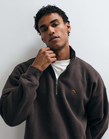 Abercrombie & Fitch icon oversized 1/4 zip sweatshirt brown
