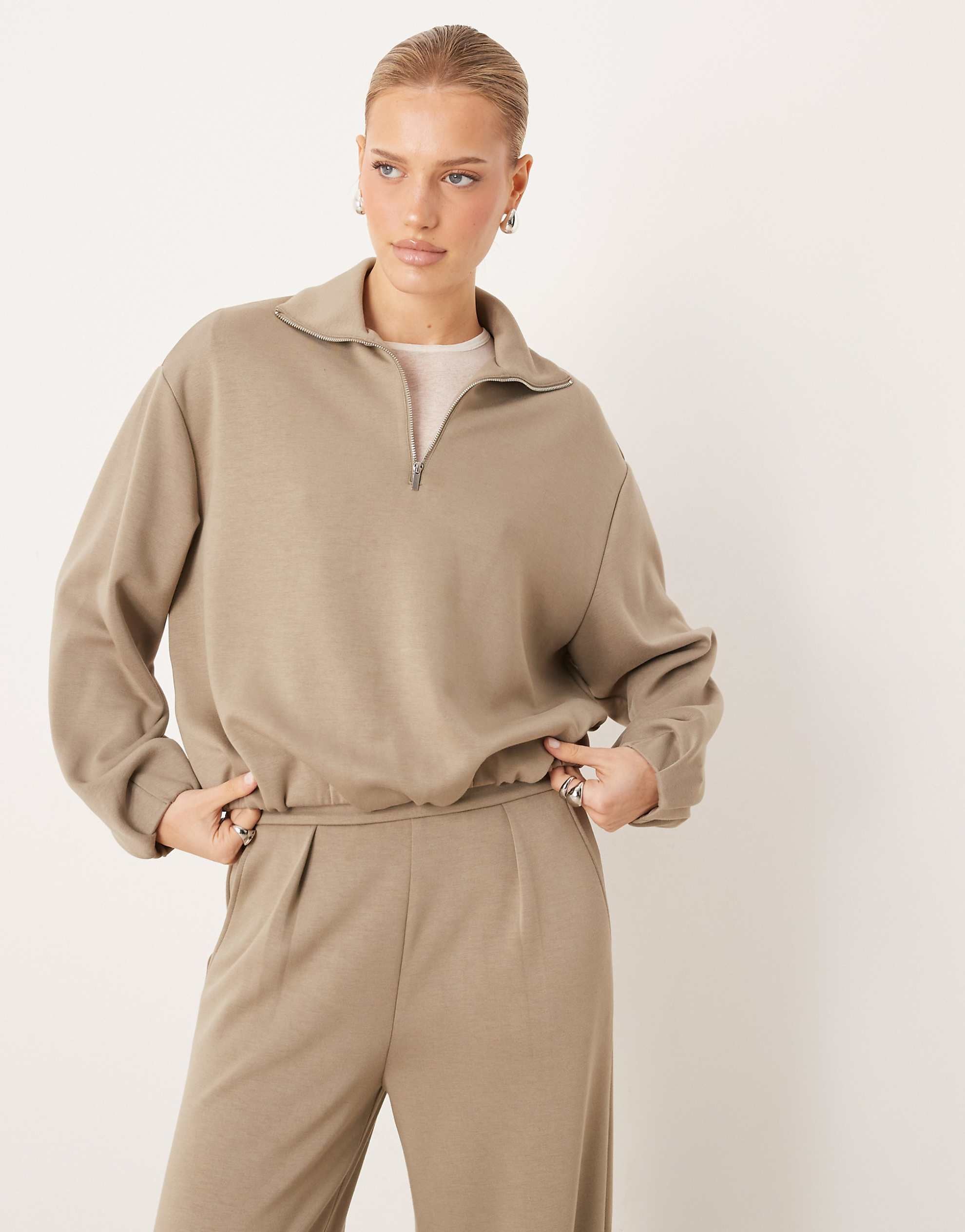 Mango Guesi quarter zip polo sweatshirt & jogger co-ord beige