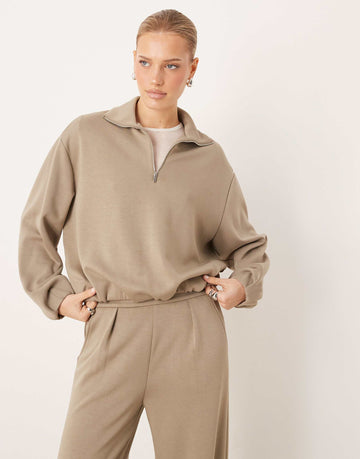 Mango Guesi quarter zip polo sweatshirt & jogger co-ord beige