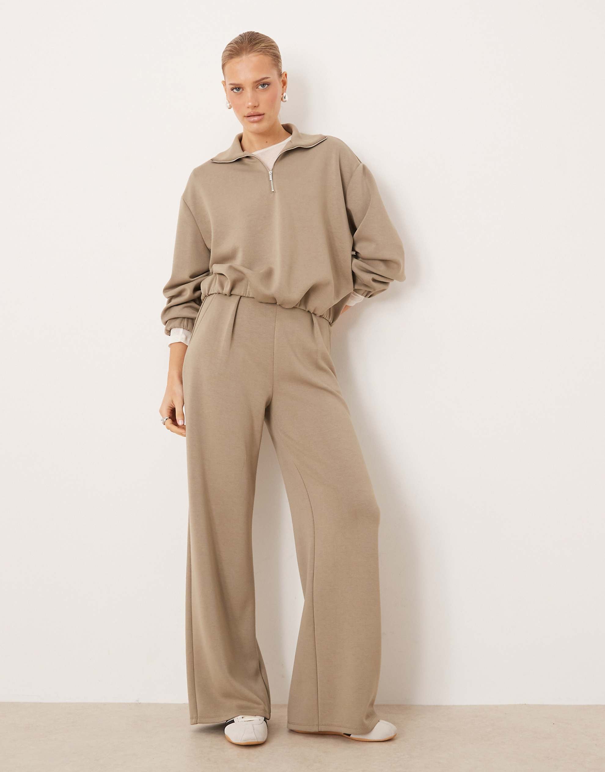 Mango Guesi quarter zip polo sweatshirt & jogger co-ord beige