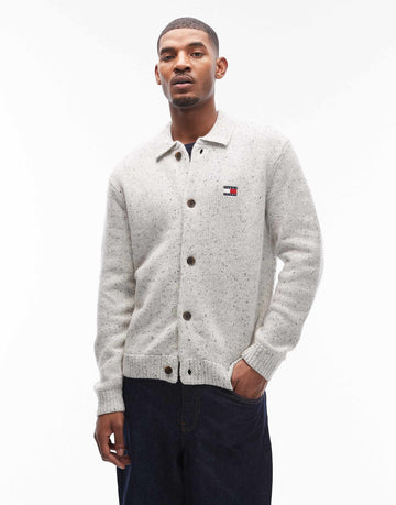 Tommy Jeans chest logo button up knitted collared cardigan white