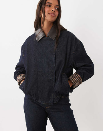 Mango Maya zip through denim jacket co-ord with faux leather collar indigo