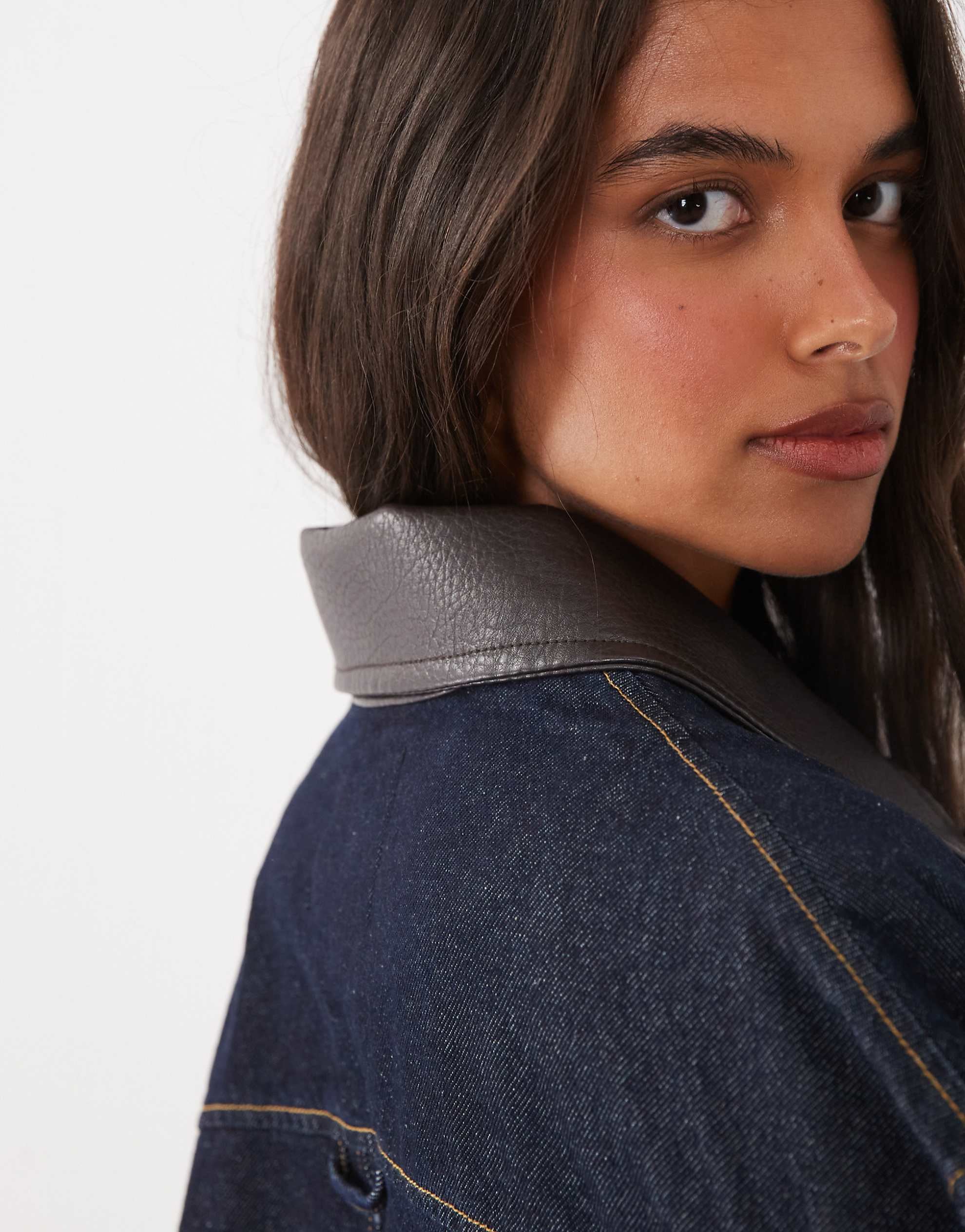 Mango Maya zip through denim jacket co-ord with faux leather collar indigo