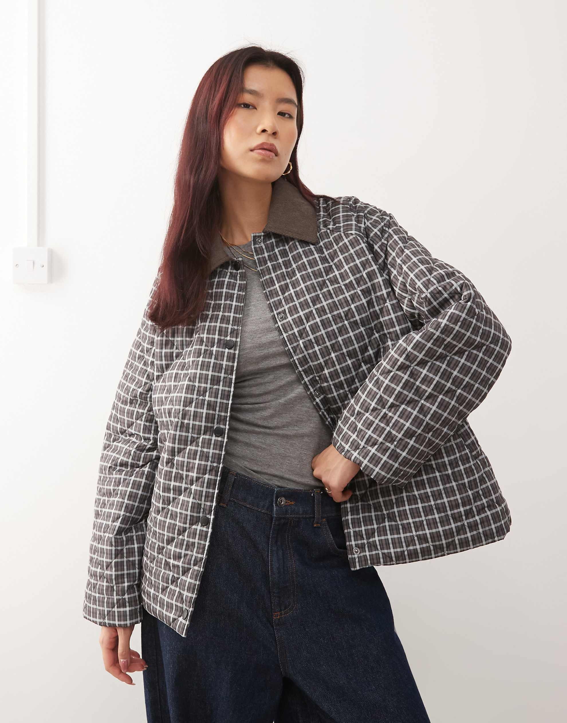 Noisy May quilted check jacket brown