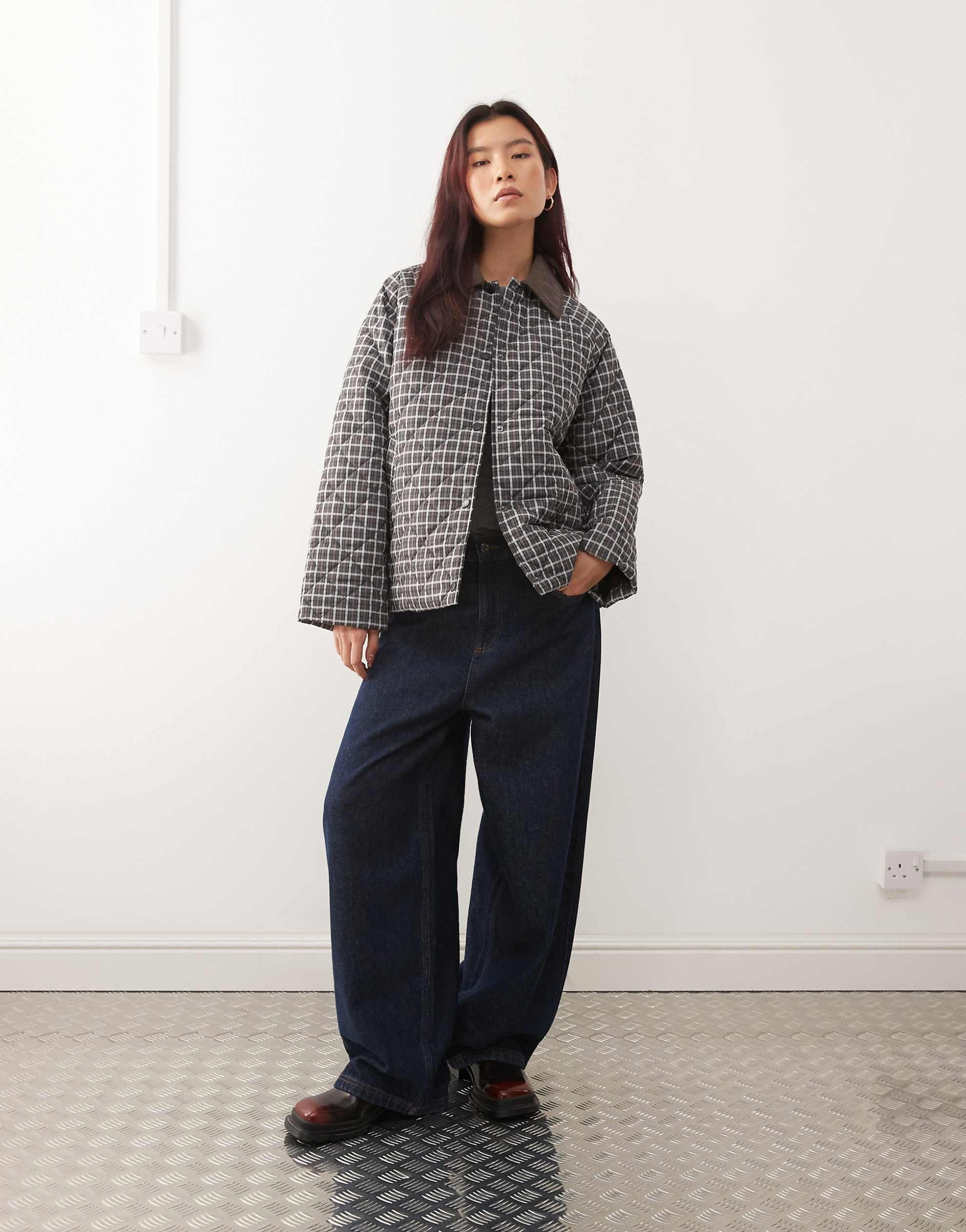 Noisy May quilted check jacket brown