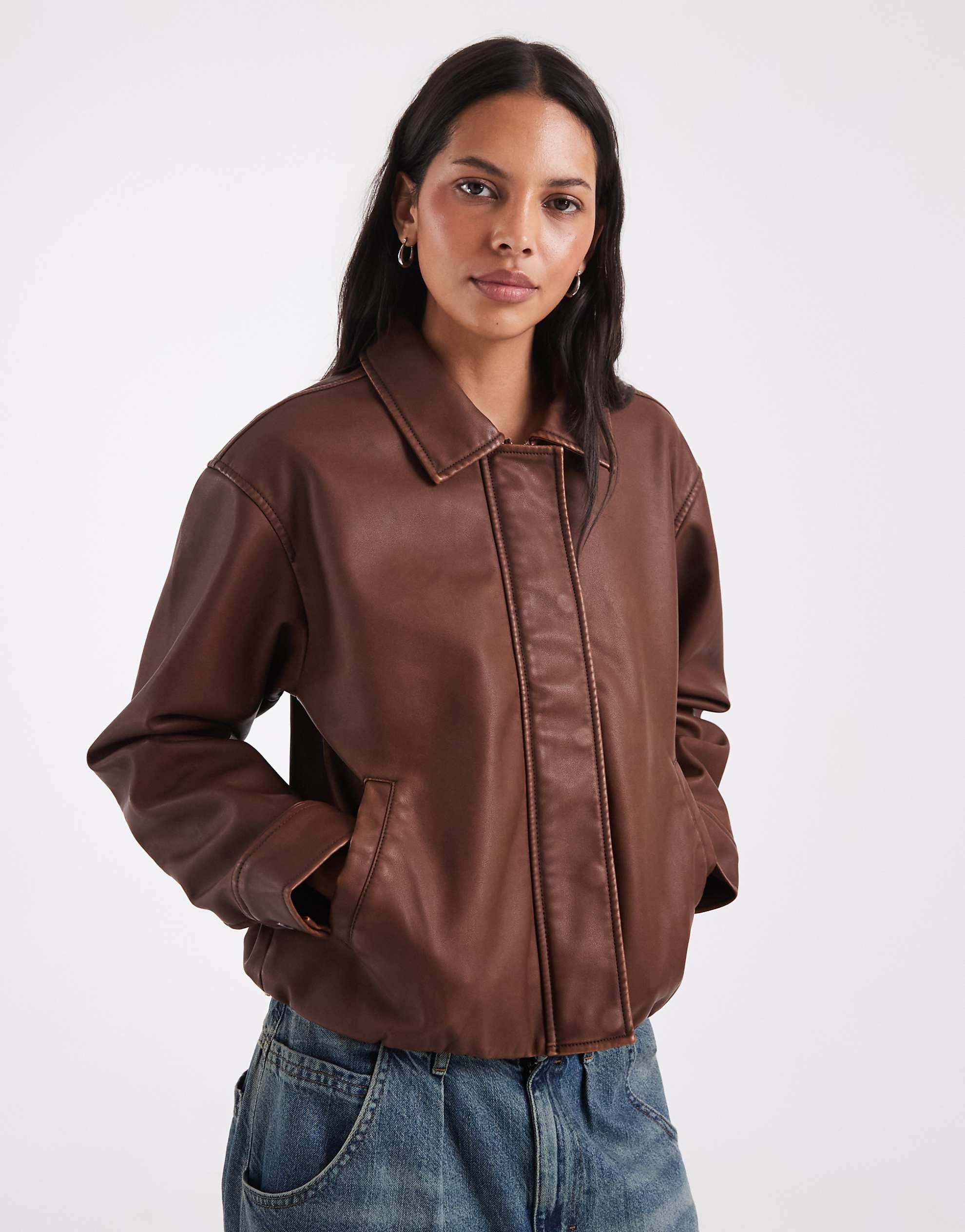 Hollister oversized bubble hem faux leather bomber brown