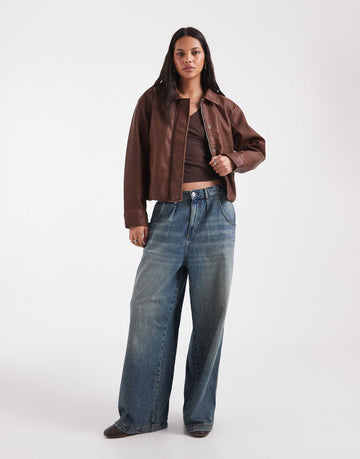 Hollister oversized bubble hem faux leather bomber brown