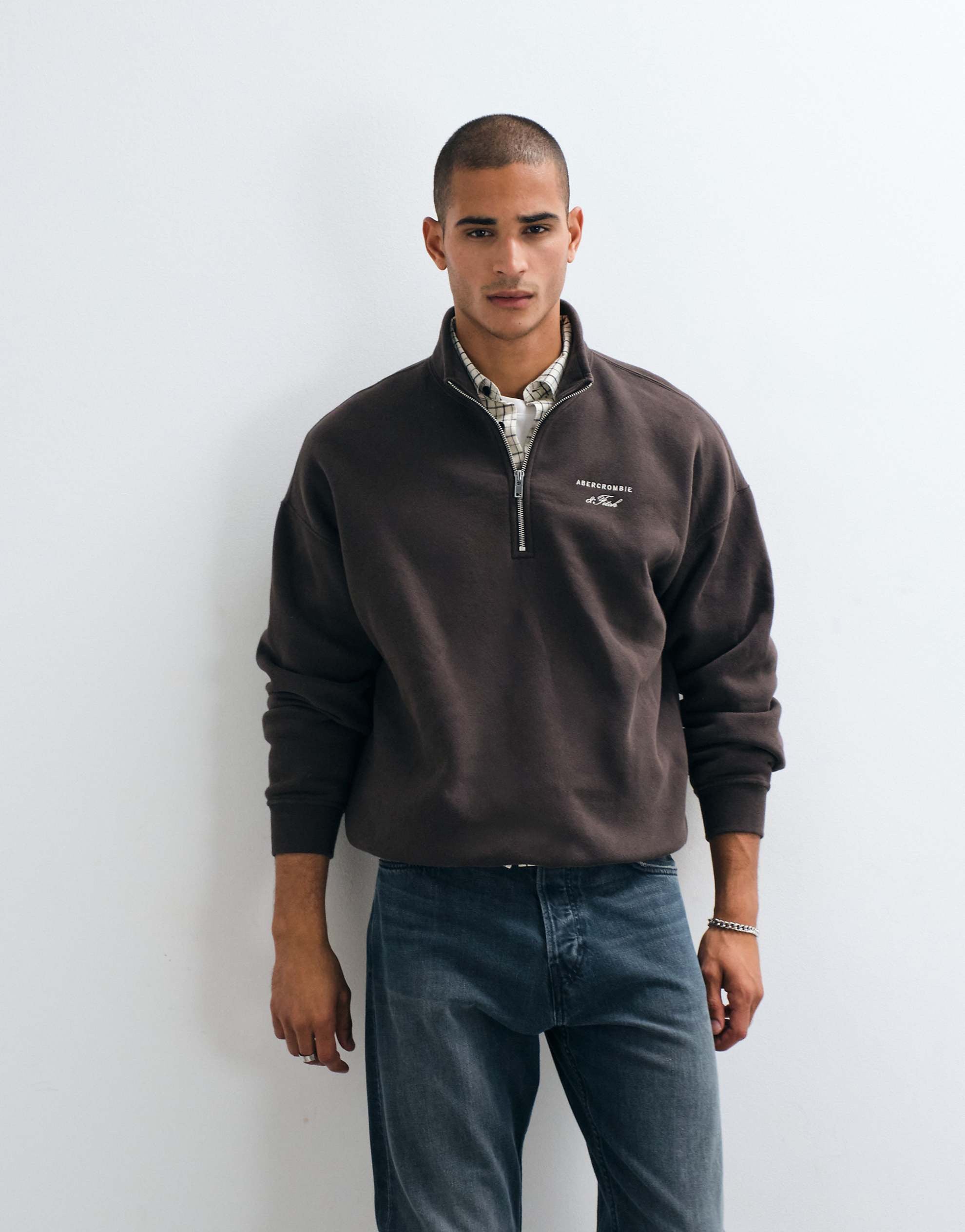 Abercrombie & Fitch script logo oversized 1/4 zip sweatshirt brown