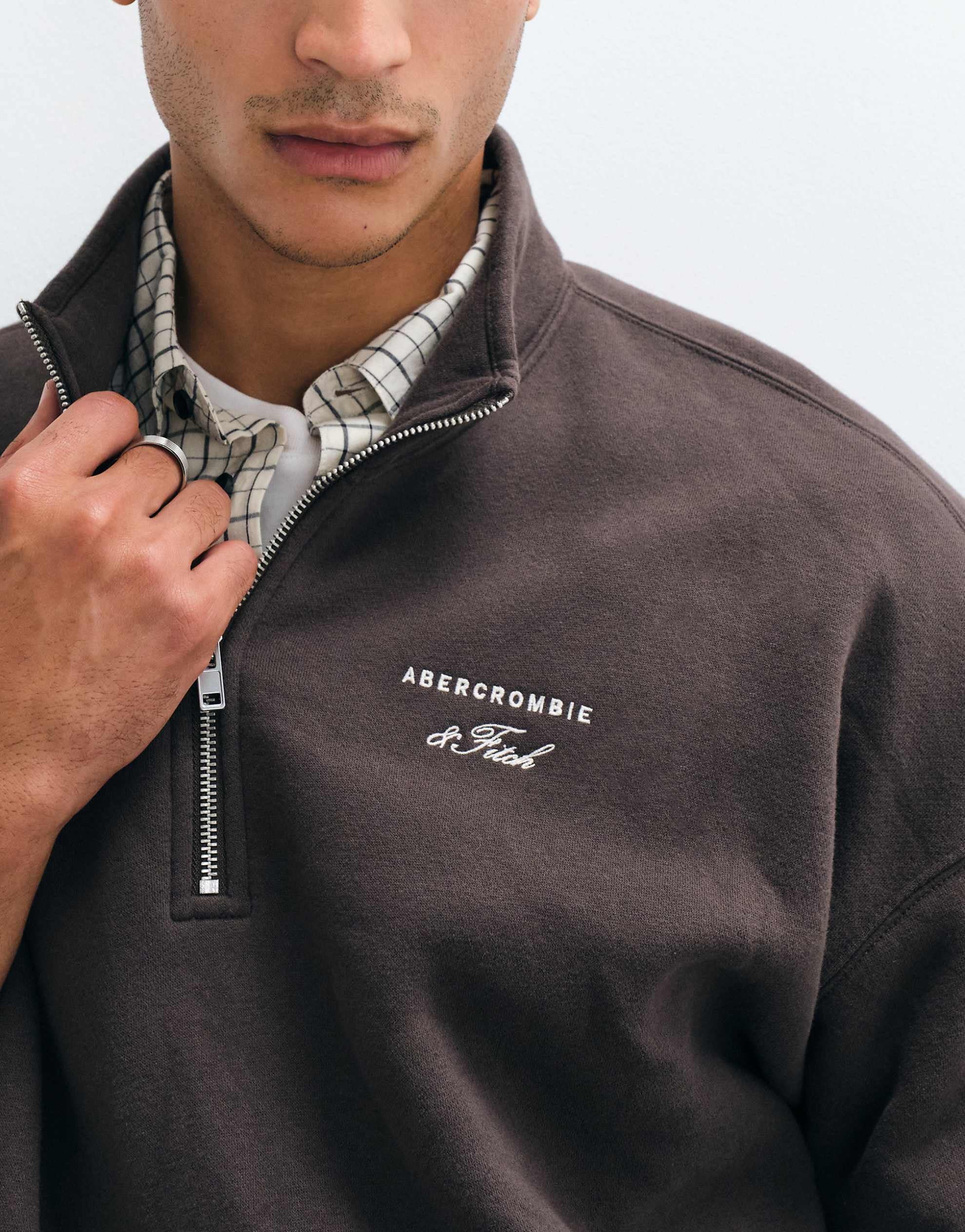 Abercrombie & Fitch script logo oversized 1/4 zip sweatshirt brown