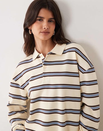 Brave Soul long sleeve stripe rugby top in buttermilk & chocolate brown