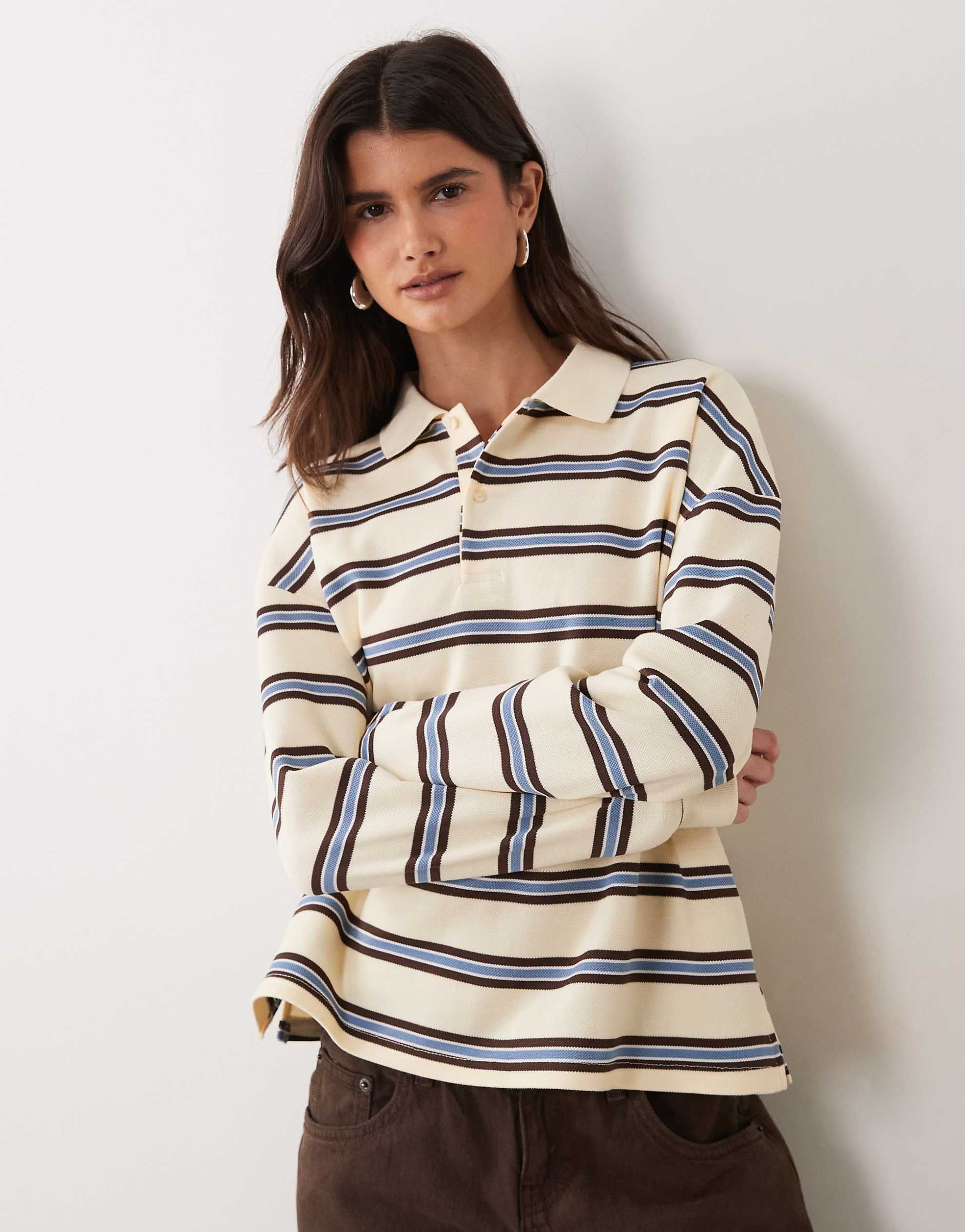 Brave Soul long sleeve stripe rugby top in buttermilk & chocolate brown